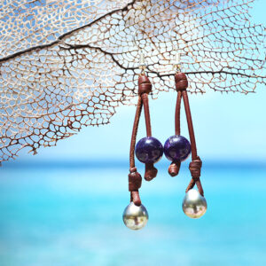 Leather Earrings with Amethyst and Tahitian Pearls, second view