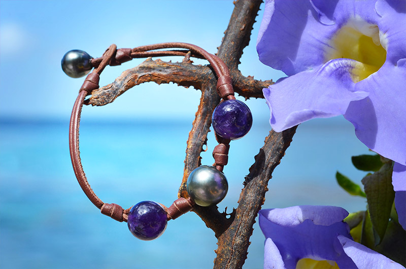 produit: LEATHER BRACELET WITH KNOTS WITH ITS TAHITIAN PEARLS AND AMETHYST (10MM)