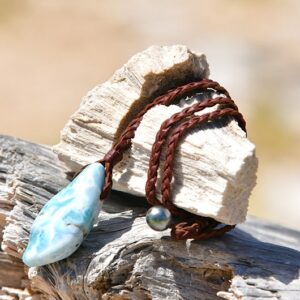 braided leather necklace with larimar pendant, second view