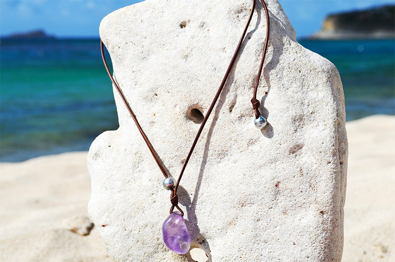 produit: Collier pendentif réglable avec Amethyste et perle de Tahiti