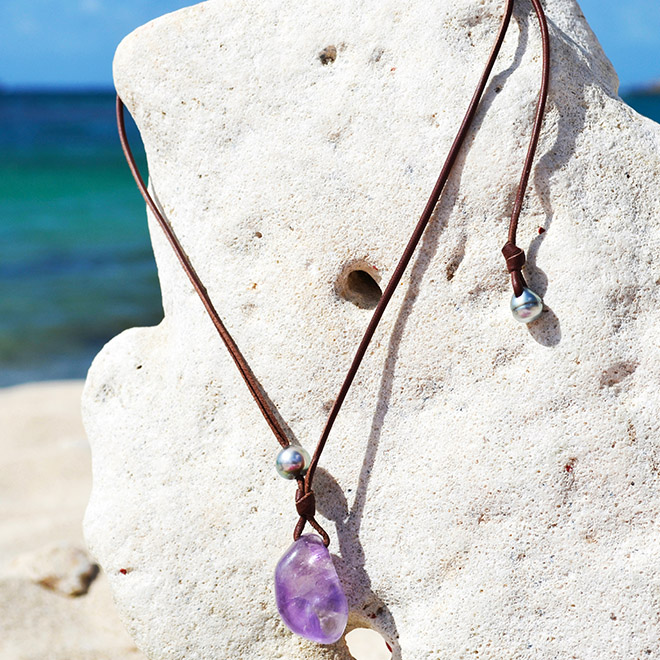 produit: Collier pendentif réglable avec Amethyste et perle de Tahiti