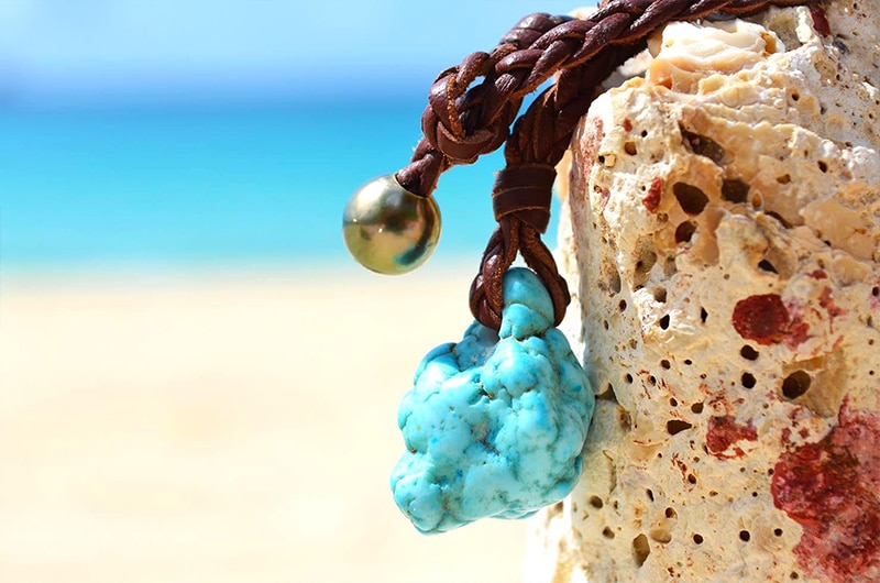 produit: Turquoise braided necklace and Tahitian pearl