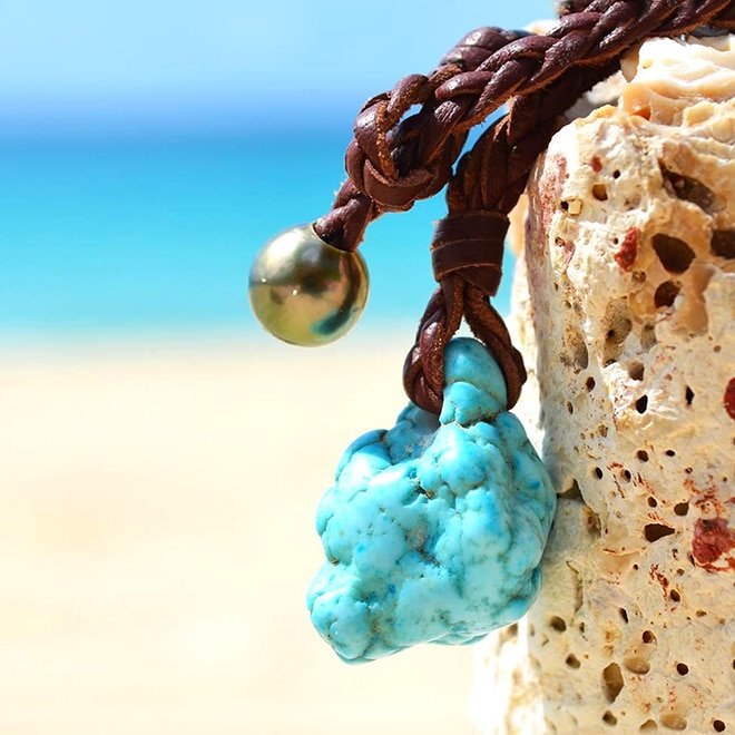 produit: Collier tressé turquoise et perle de Tahiti