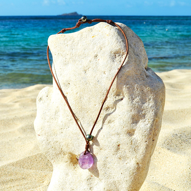 Amethyst and Tahitian cultured pearl pendant necklace with neck clasp, main view