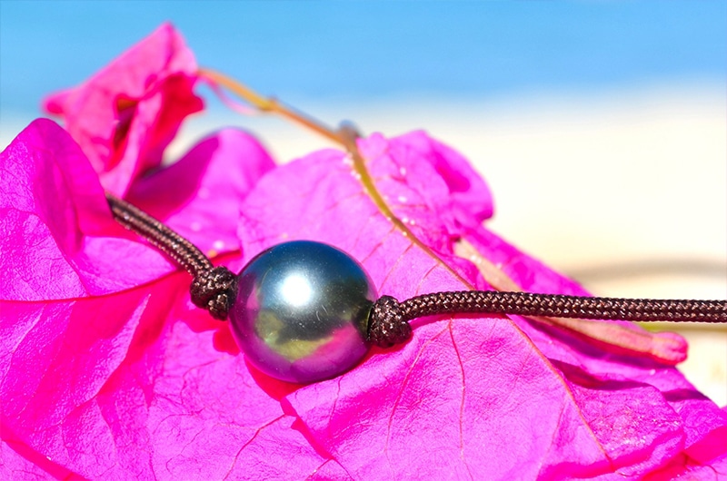 Close-up of the 9.5 mm semi-round Tahitian cultured pearl on the choker necklace displayed on bougainvillea flowers