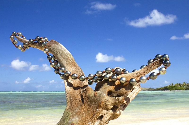 Sautoir avec 68 perles de culture de Tahiti suspendu à du bois flotté sous un ciel bleu à la plage