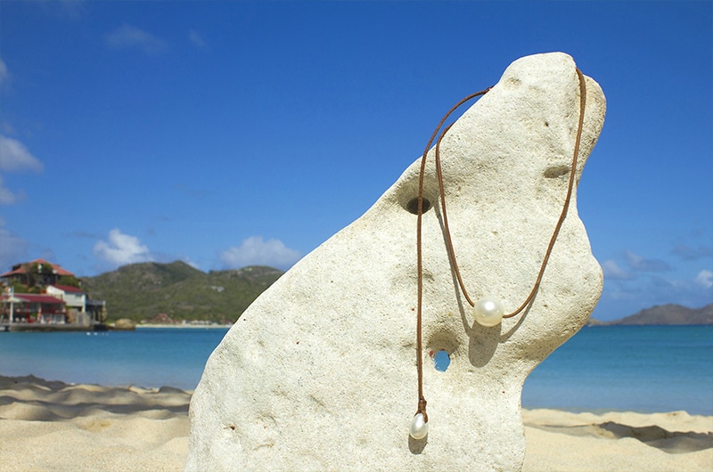 Vue d’ensemble du collier ras du cou ajustable en cuir avec deux perles blanches des mers du Sud présenté sur un support corallien à la plage