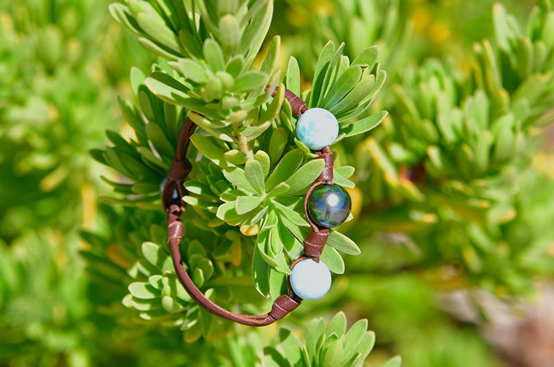 Leather bracelet with one Tahitian pearl and two Larimar elements displayed among green leaves