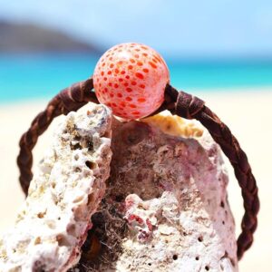 Bracelet en cuir marron avec perles de corail et de culture de Tahiti présenté autour d’un morceau de corail