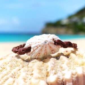 Bracelet en cuir marron avec un coquillage blanc et une perle de culture de Tahiti présenté sur du corail face à la mer