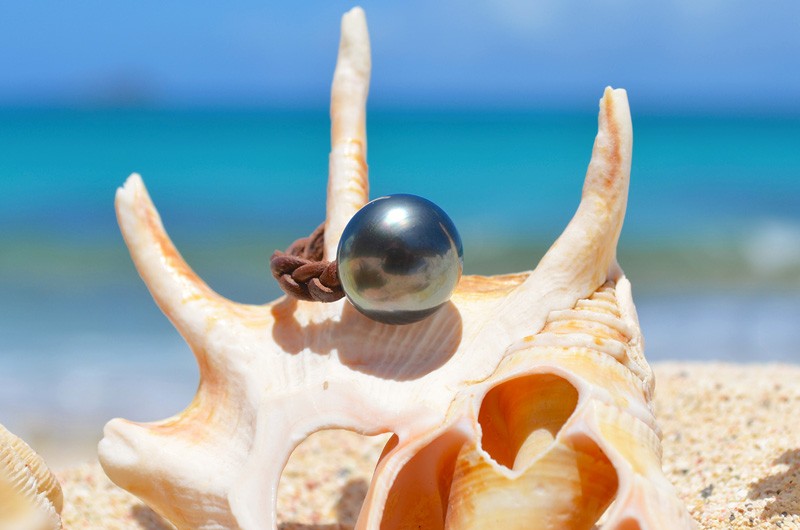 Bague en cuir tressé avec une perle de Tahiti de 15 mm présentée sur un coquillage face à la mer