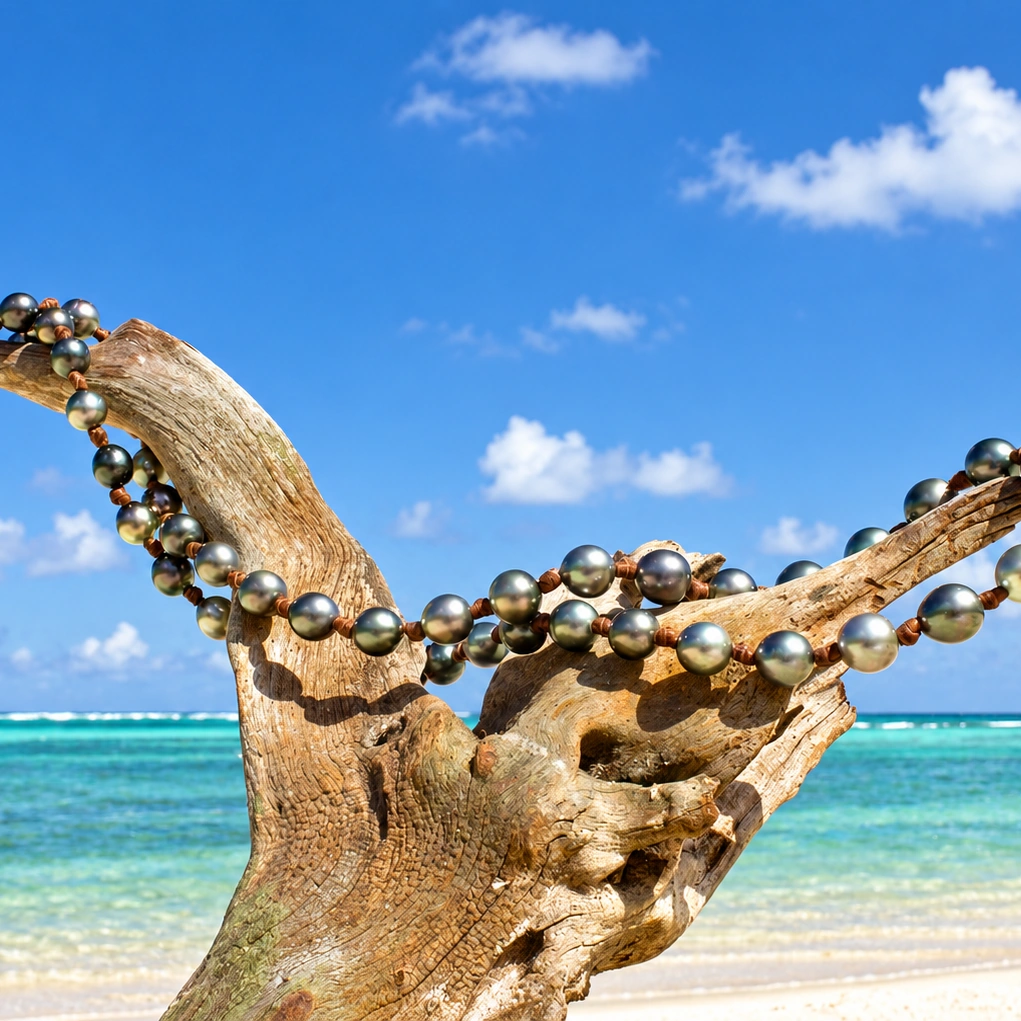 Sautoir avec 68 perles de culture de Tahiti suspendu à du bois flotté sous un ciel bleu à la plage