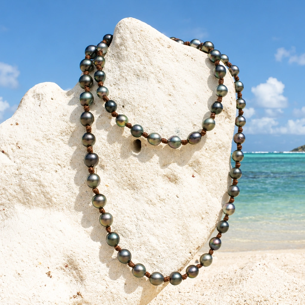 Vue d’ensemble du sautoir en cuir avec 68 perles de culture de Tahiti présenté sur un support corallien à la plage