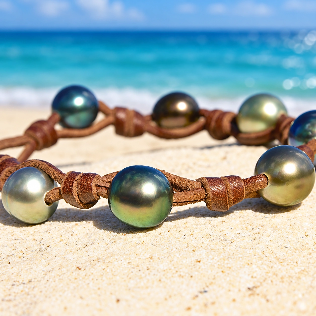 Brown leather bracelet with nine multicolored Tahitian cultured pearls separated by knots displayed on sand by the sea