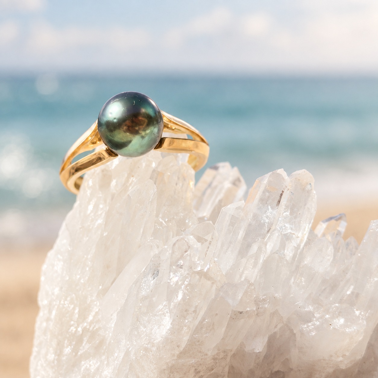 Bague Étreinte en or et perle verte de Tahiti, sur un support cristallin, détail.