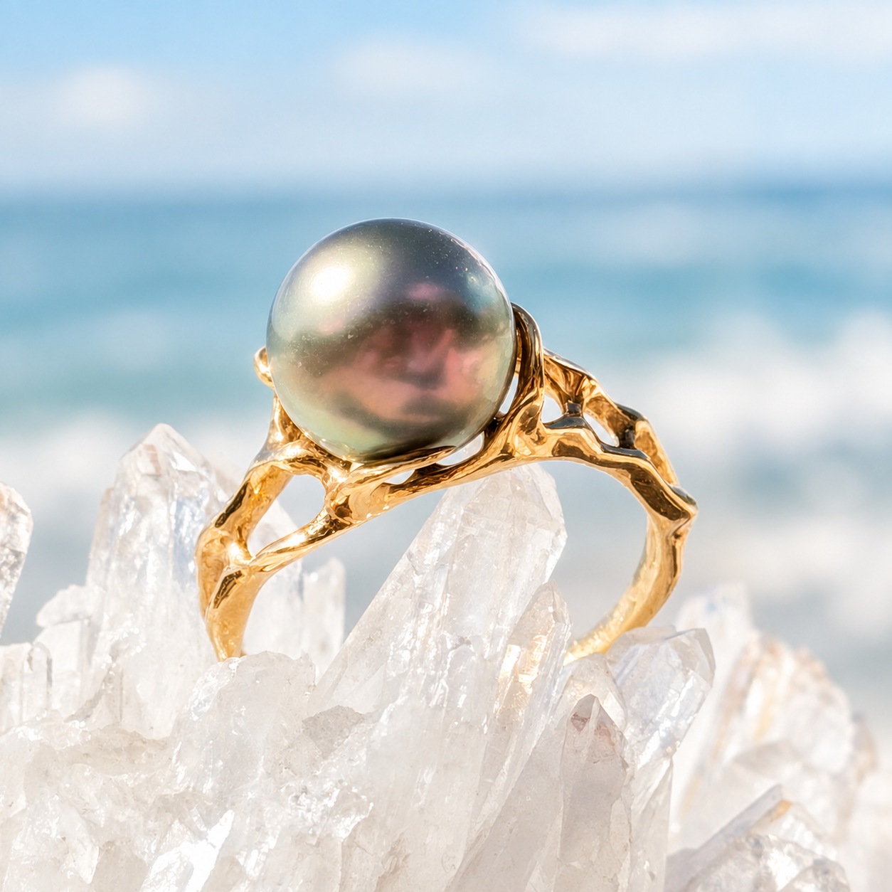 Bague en or 18 carats ajouré avec une perle de Tahiti, posée sur des cristaux devant la mer.