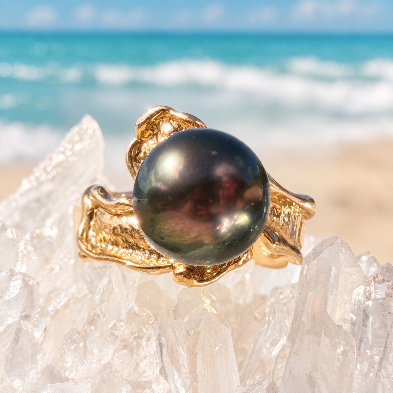 Bague Baroque en or et perle de Tahiti, sur un support cristallin, détail.