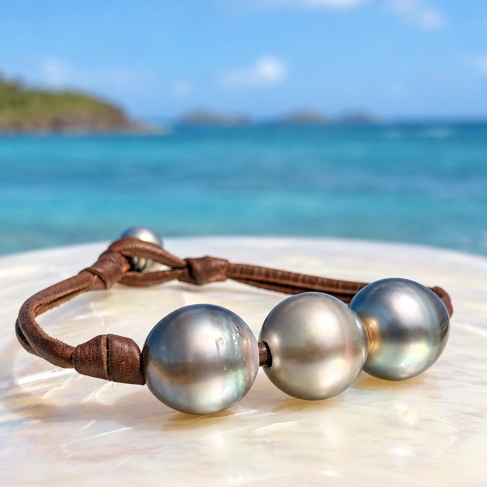 Bracelet homme en cuir, trois perles de Tahiti et montage au choix, vue du bijou.