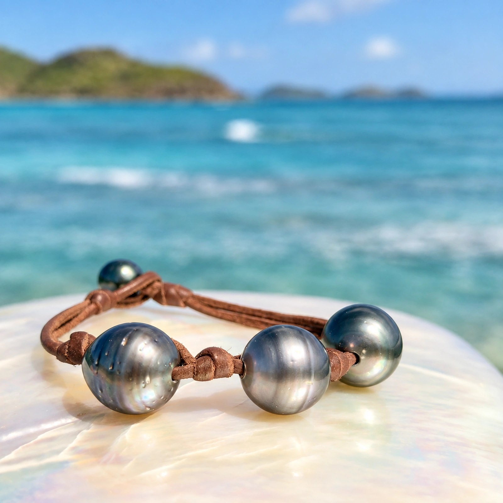 Bracelet homme en cuir, trois perles de Tahiti et montage au choix, vue du bijou.