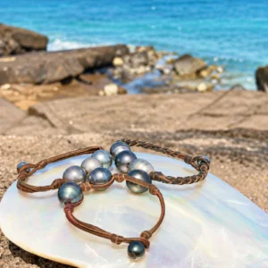 Men’s Leather Bracelet with Three Tahitian Pearls and a Choice of Construction, jewelry view.