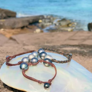 Men’s Leather Bracelet with Three Tahitian Pearls and a Choice of Construction, jewelry view.