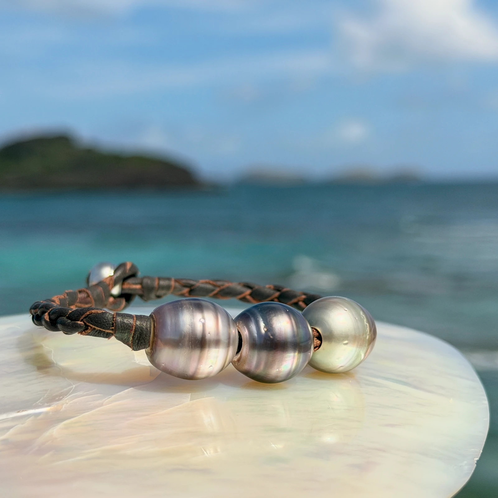 Men’s Leather Bracelet with Three Tahitian Pearls and a Choice of Construction, jewelry view.