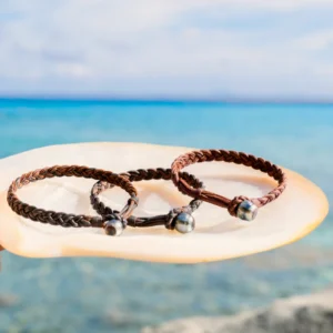 Braided Leather Bracelet with a Tahitian Pearl Clasp, jewelry view.