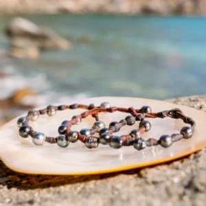 Unisex Leather Bracelet with Tahitian Pearls and Knots, jewelry view.