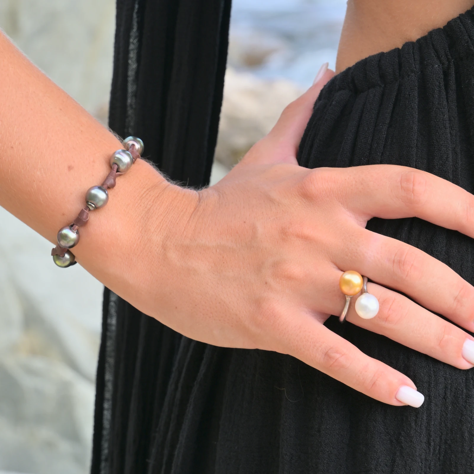 Unisex Leather Bracelet with Tahitian Pearls and Knots, jewelry view.