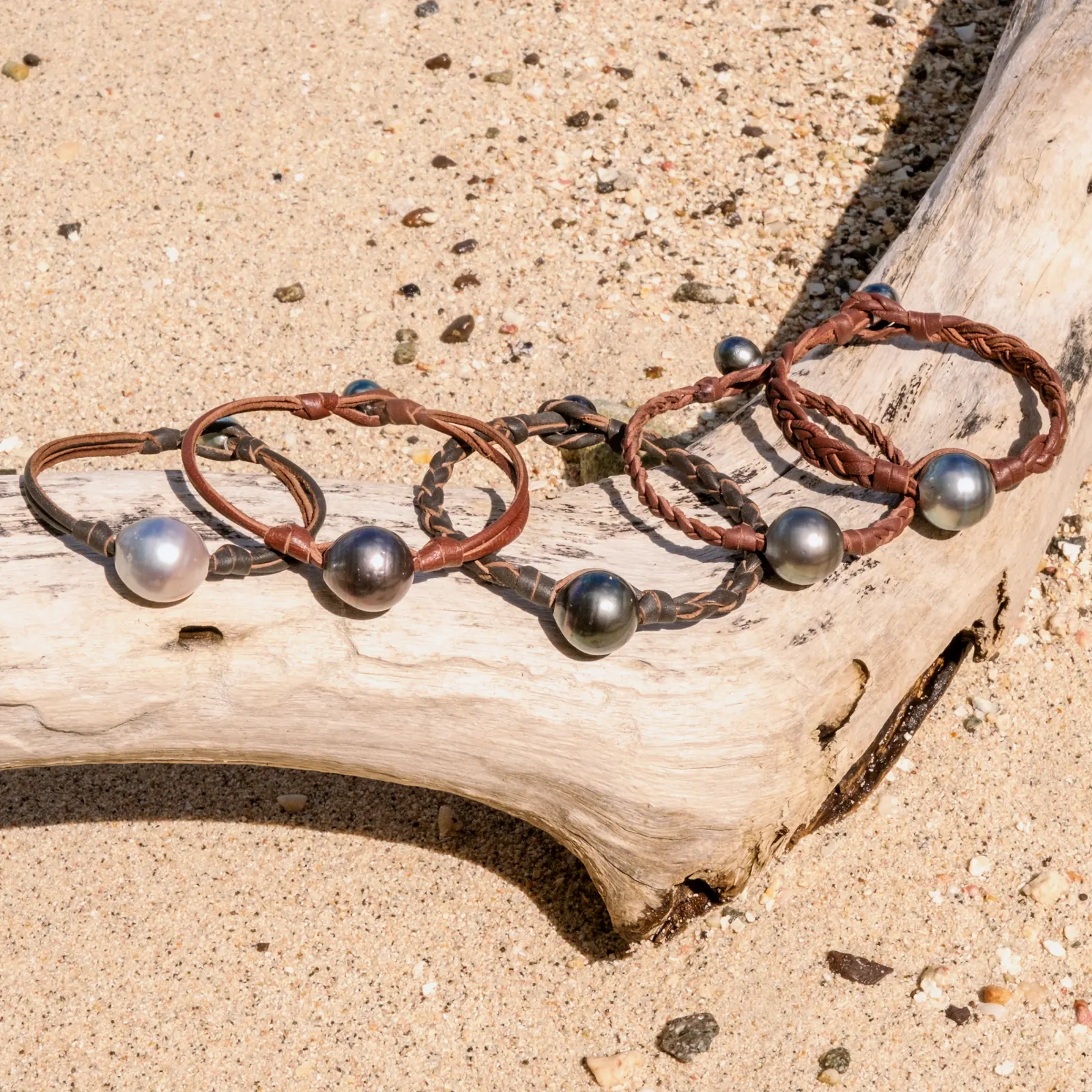 Leather Bracelet with Tahitian Pearls and a Choice of Construction, jewelry view.