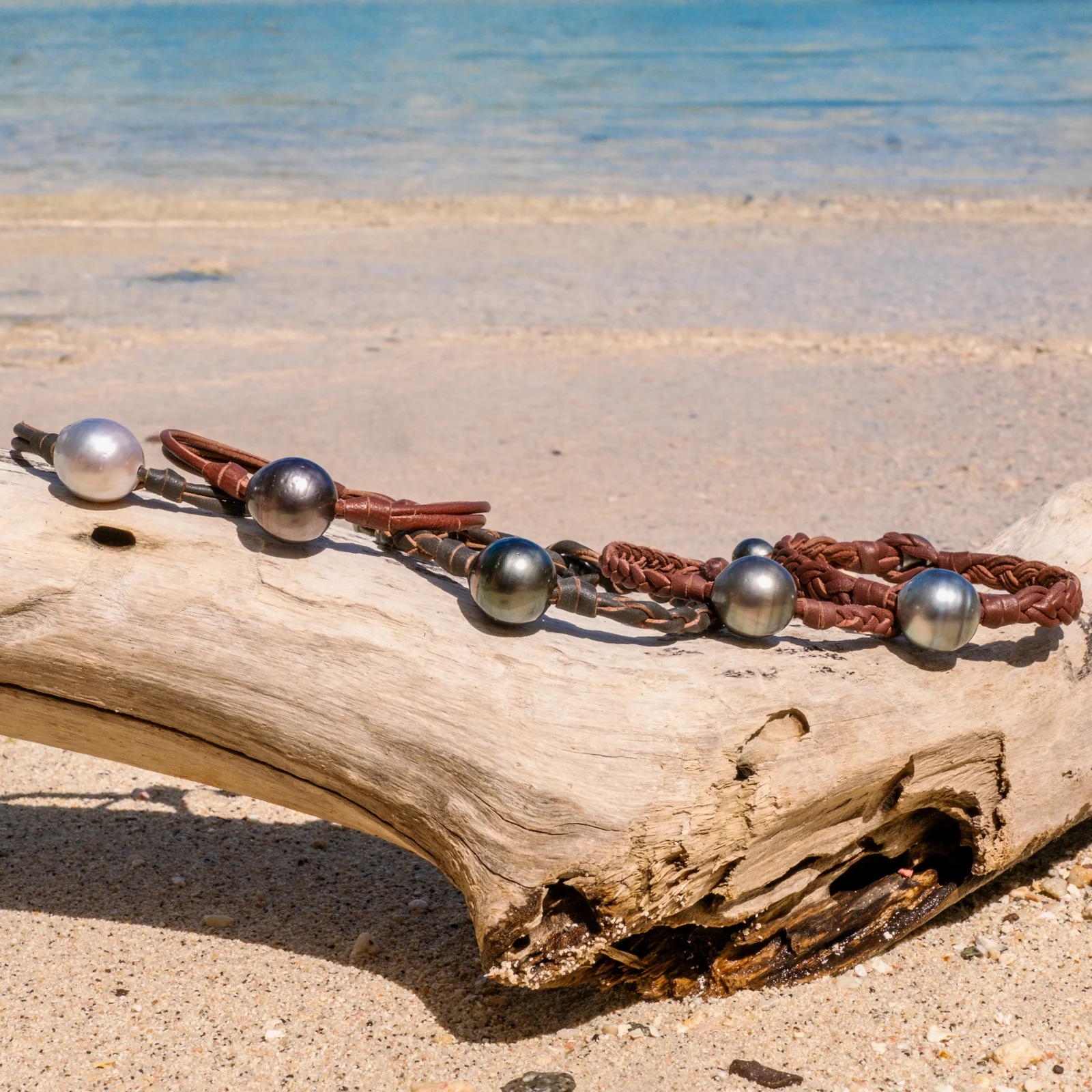 Leather Bracelet with Tahitian Pearls and a Choice of Construction, jewelry view.