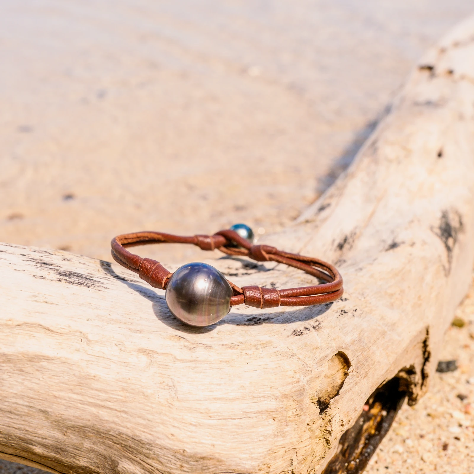 Leather Bracelet with Tahitian Pearls and a Choice of Construction, jewelry view.