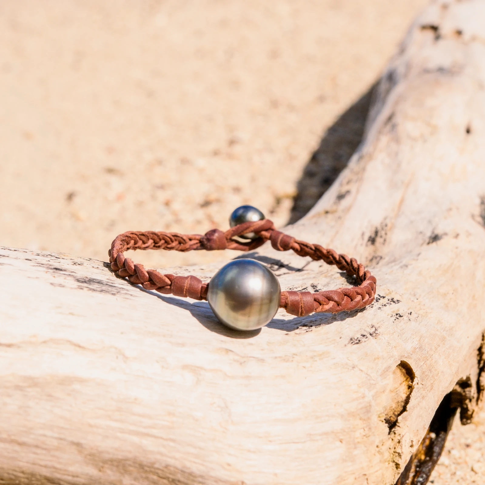Leather Bracelet with Tahitian Pearls and a Choice of Construction, jewelry view.