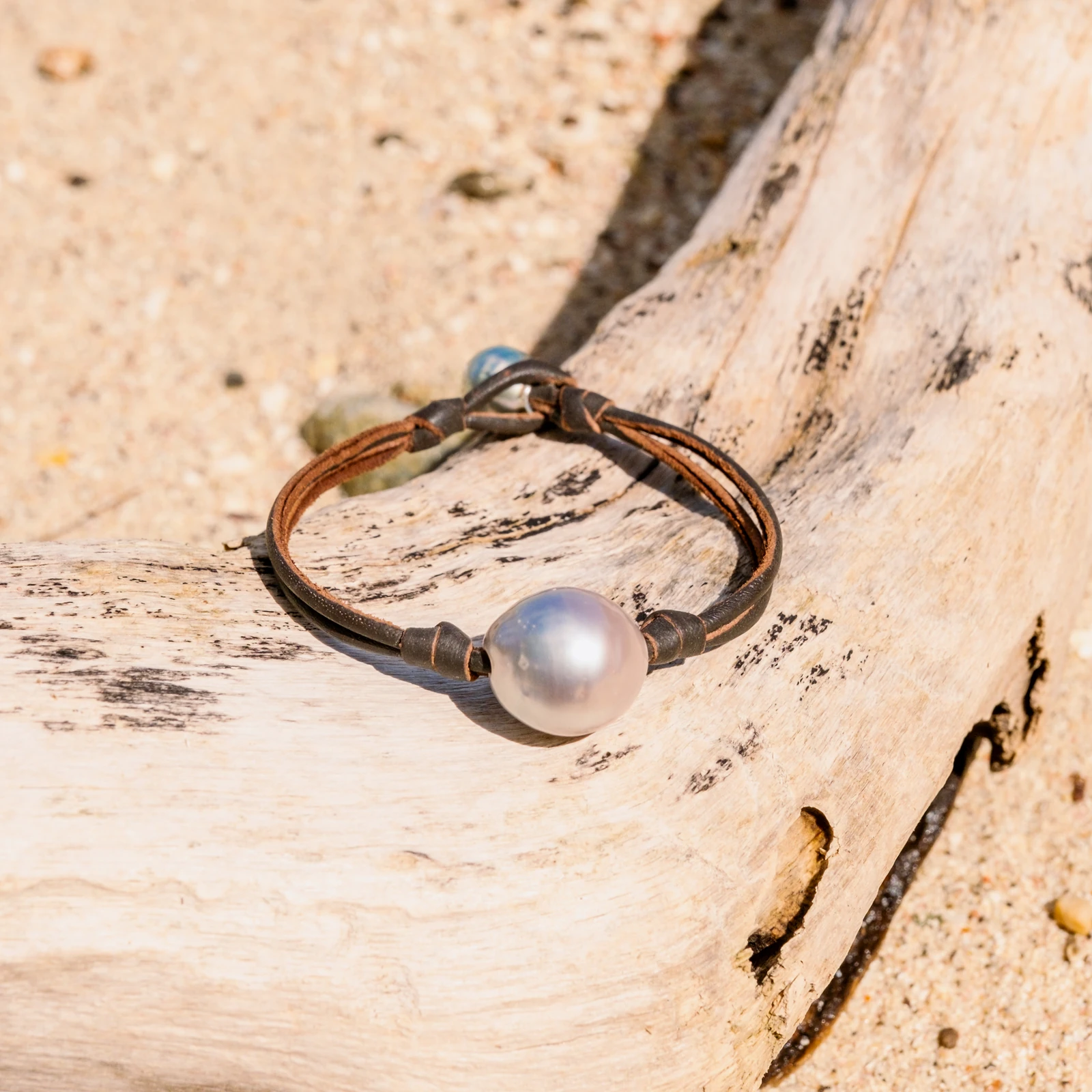 Leather Bracelet with Tahitian Pearls and a Choice of Construction, jewelry view.