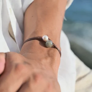 Two-Strand Bracelet with Labradorite and a Choice of Pearls, worn on the wrist.