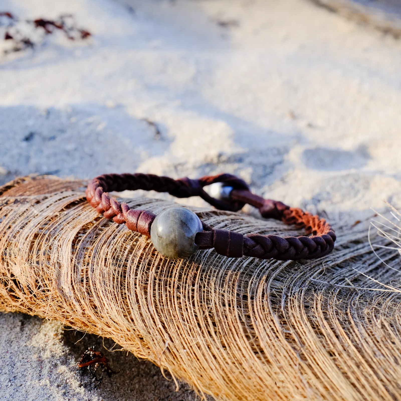 Leather Bracelet with Labradorite and a Choice of Clasp Pearl, jewelry view.