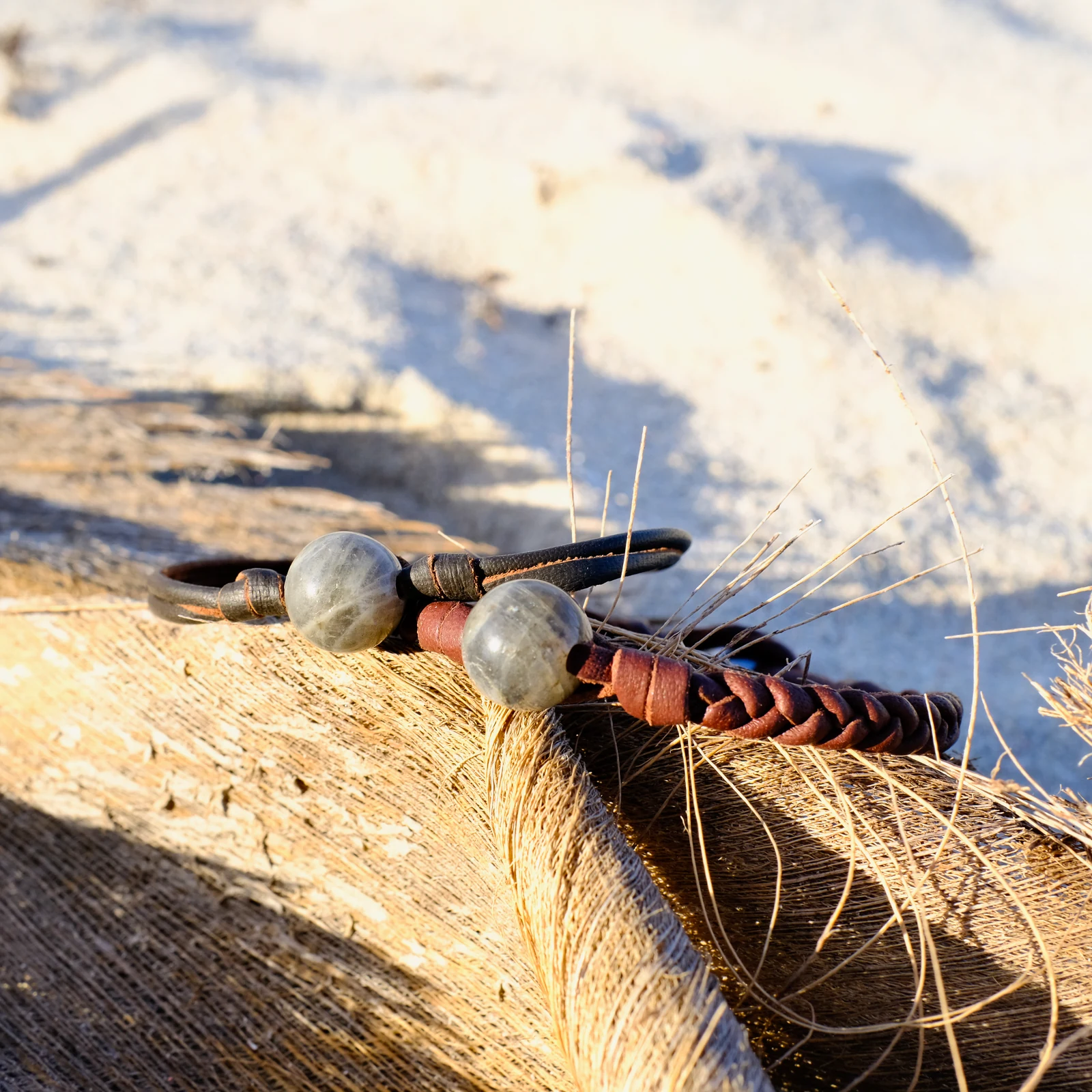 Leather Bracelet with Labradorite and a Choice of Clasp Pearl, jewelry view.
