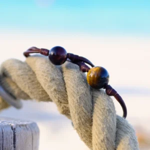 Leather Bracelet with Tiger’s Eye and a Choice of Clasp Pearl, jewelry view.