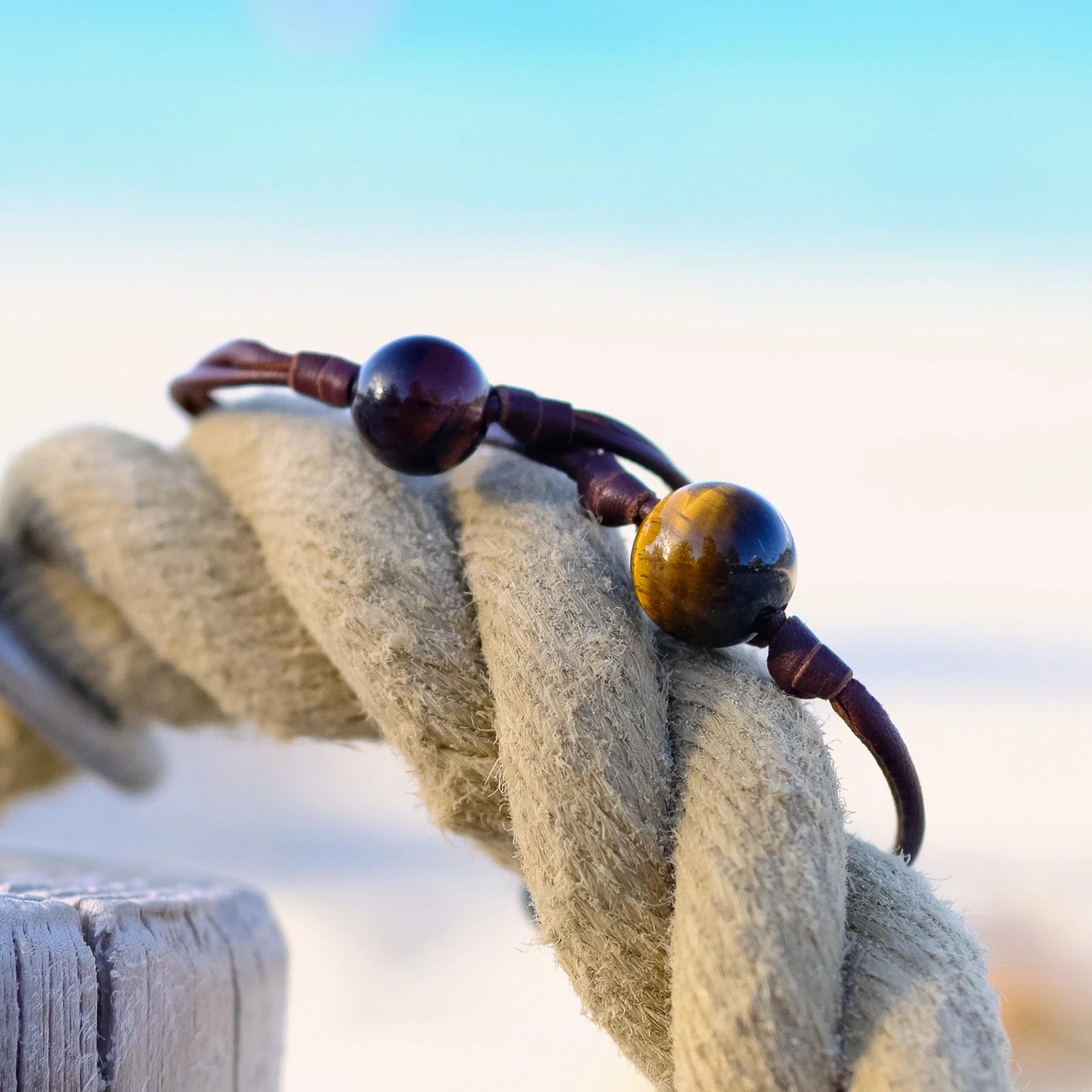 Leather Bracelet with Tiger’s Eye and a Choice of Clasp Pearl, jewelry view.