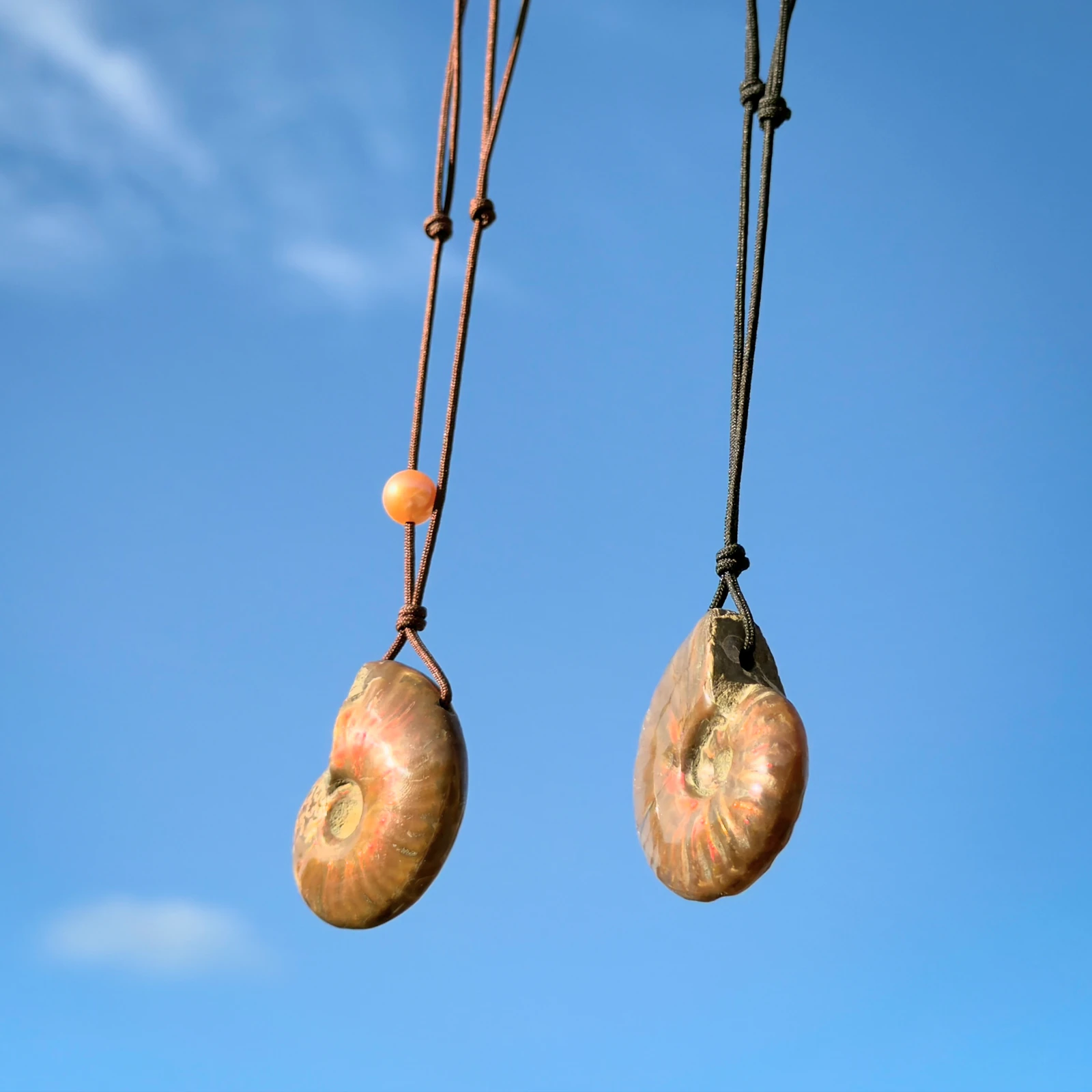 Collier ajustable avec ammonite opalisée, vue du bijou.