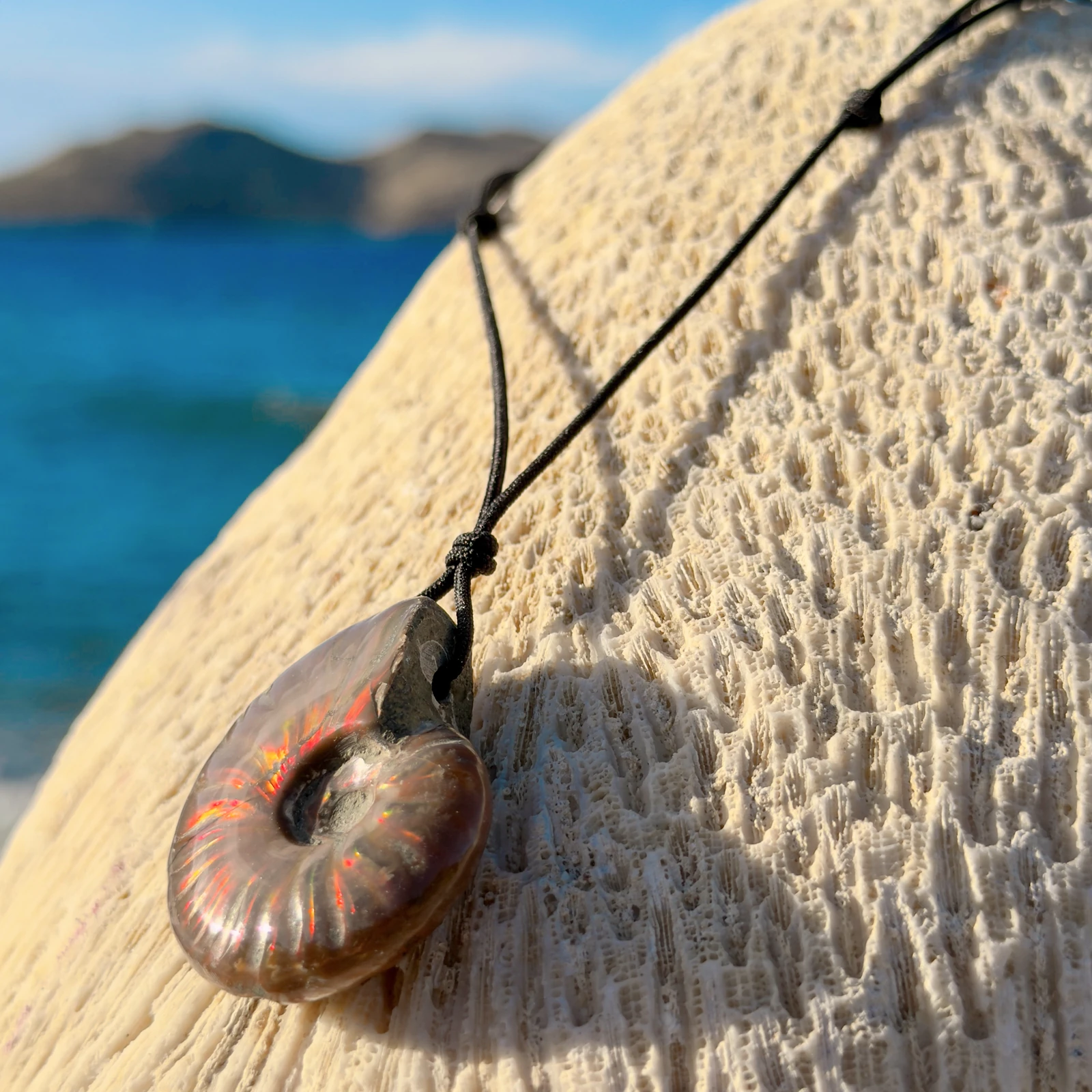 Collier ajustable avec ammonite opalisée, vue du bijou.