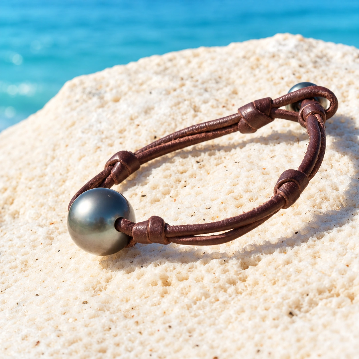 Bracelet double cuir marron avec deux perles de culture de Tahiti présenté sur une nacre face à la mer