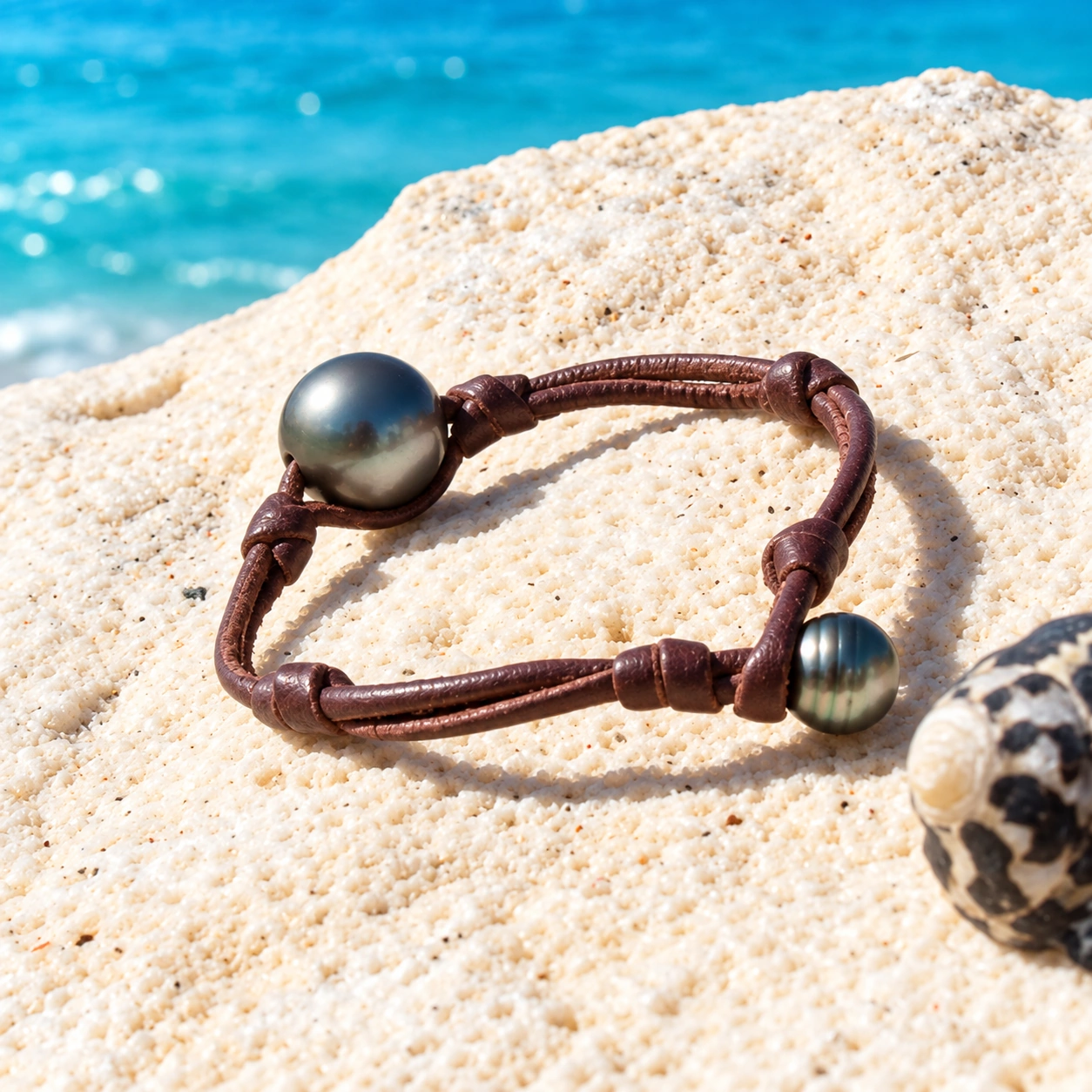 Bracelet double cuir marron avec une perle principale et une perle de fermeture de Tahiti sur une nacre