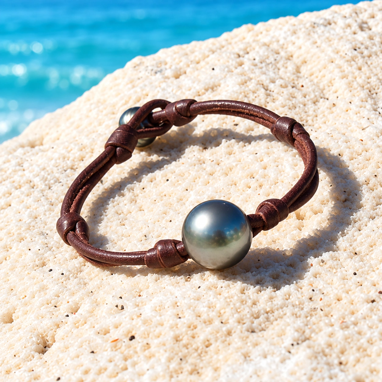 Vue de face du bracelet double cuir marron et de ses deux perles de culture de Tahiti sur une nacre
