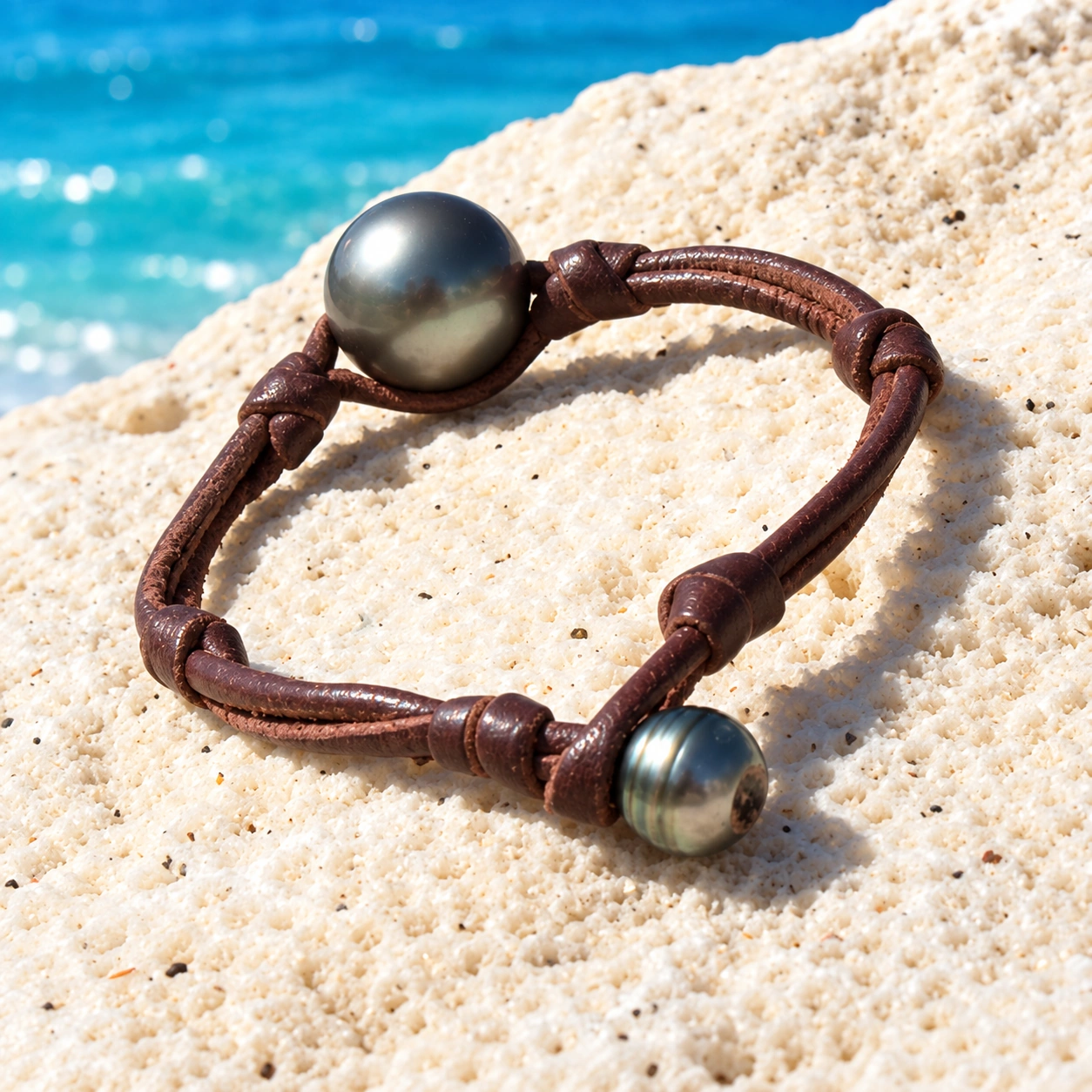 Bracelet double cuir marron avec ses deux perles de culture de Tahiti, vue rapprochée sur une nacre