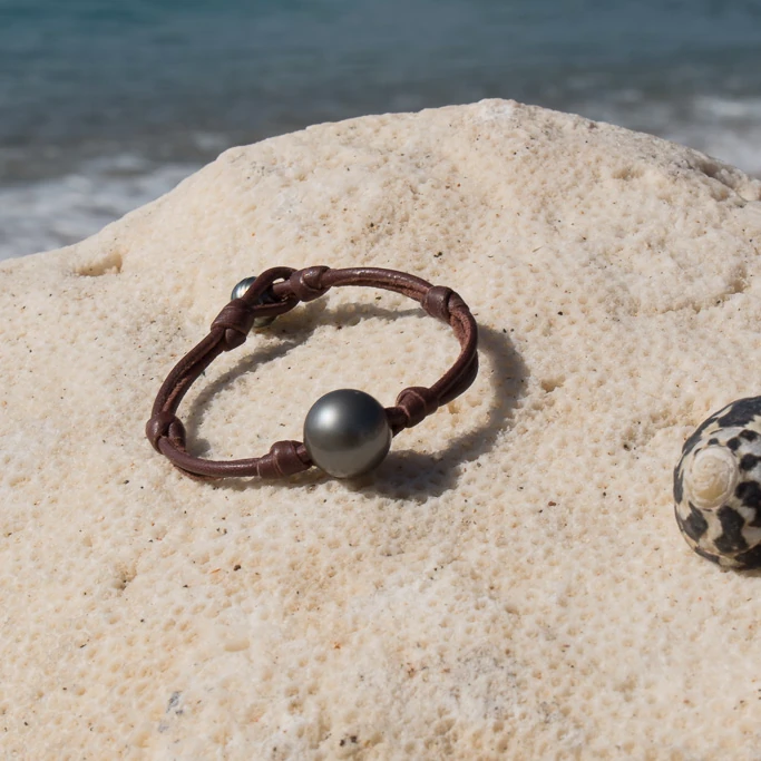Double Leather Bracelet with Two Tahitian Pearls, jewelry view.