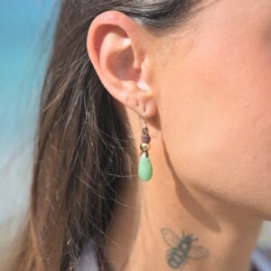 Boucles d’oreilles en cuir et gouttes de jade, portées aux oreilles