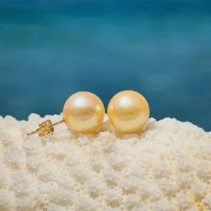 Clous d’oreilles et perles dorées des mers du Sud, sur fond naturel