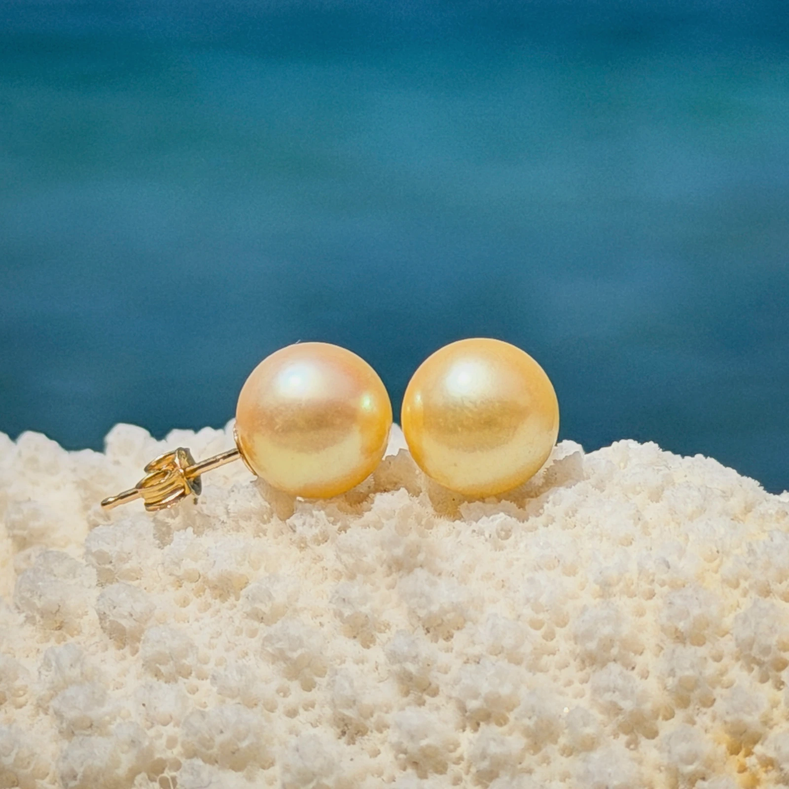 Clous d’oreilles et perles dorées des mers du Sud, sur fond naturel