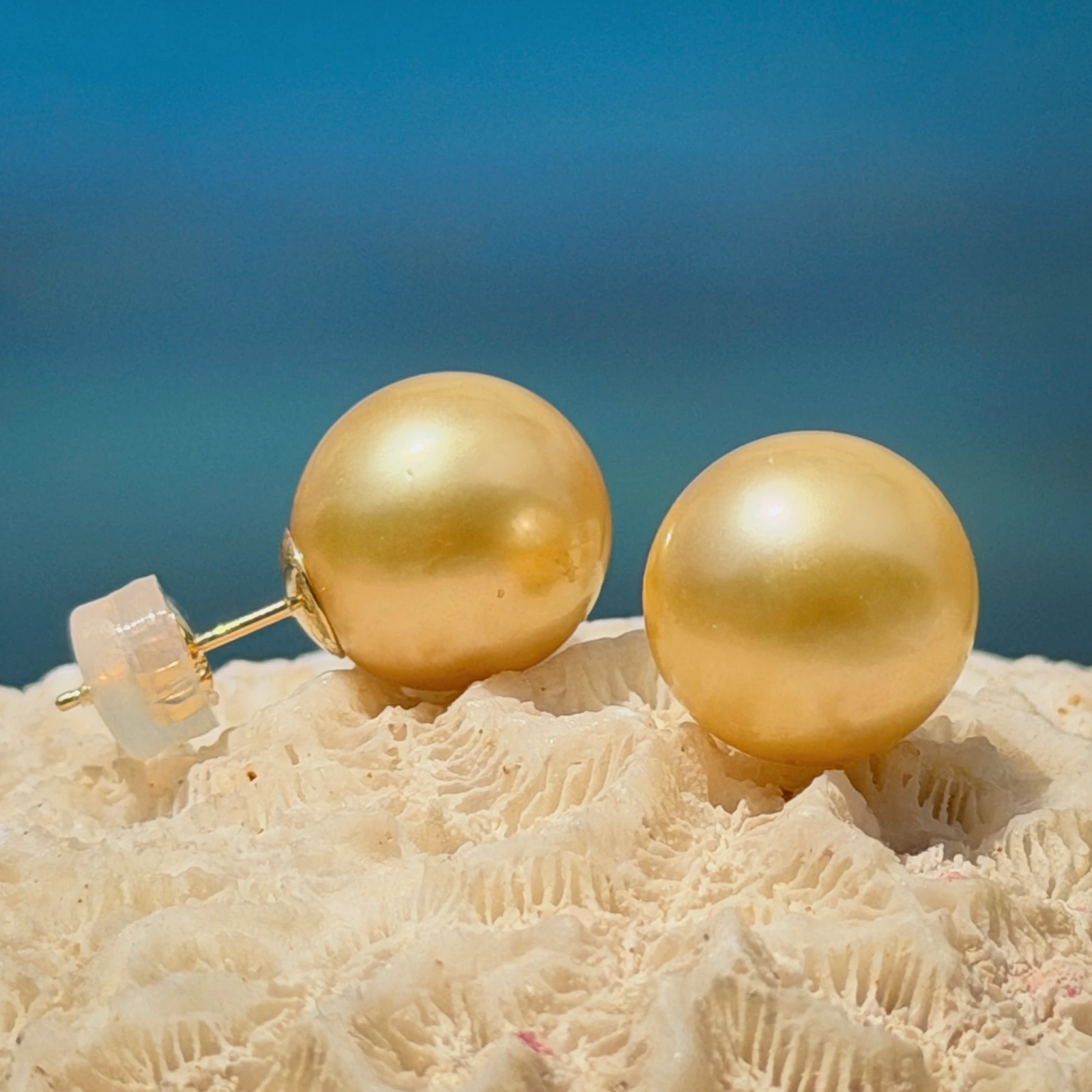 Clous d’oreilles et perles dorées des mers du Sud, sur fond naturel
